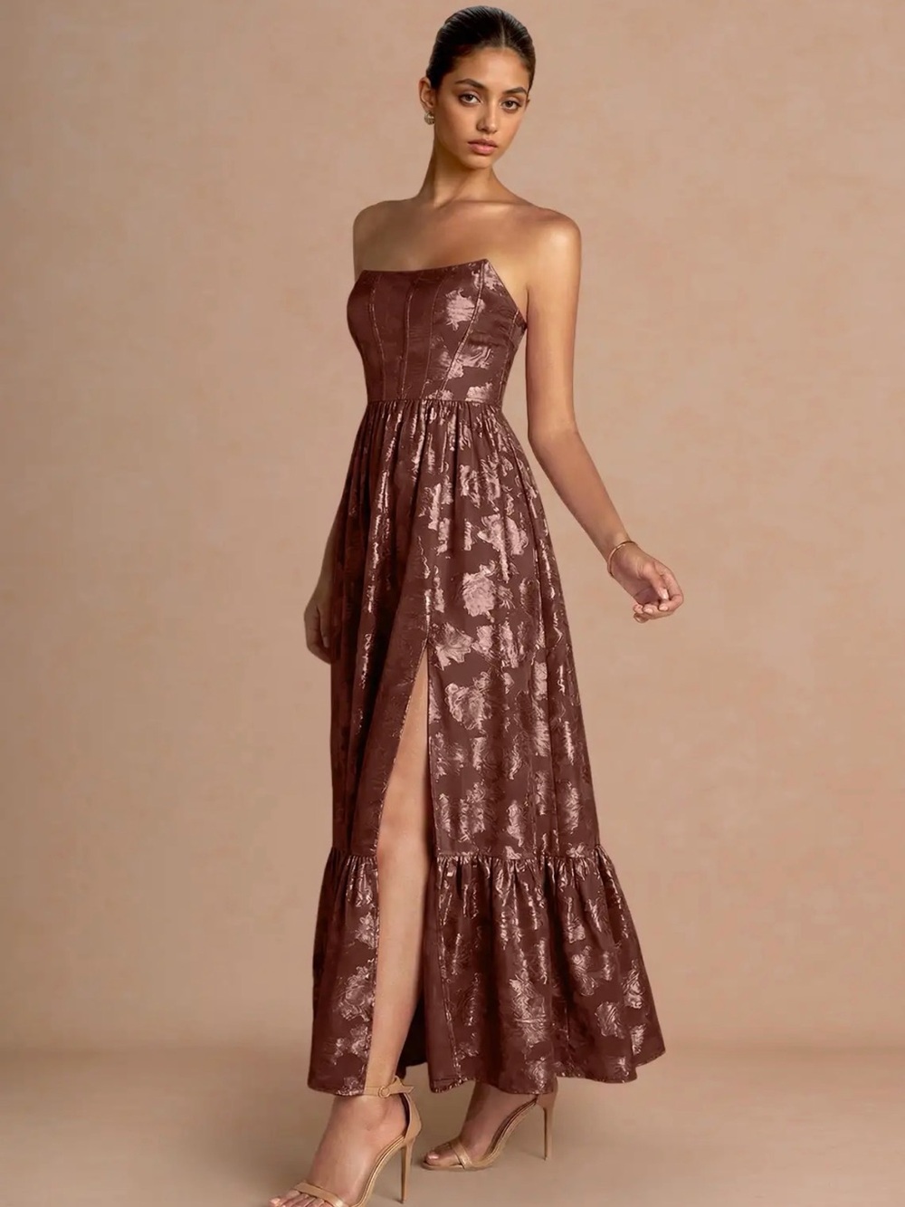 Azazie Strapless Jacquard Maxi Dress in Deep Brown